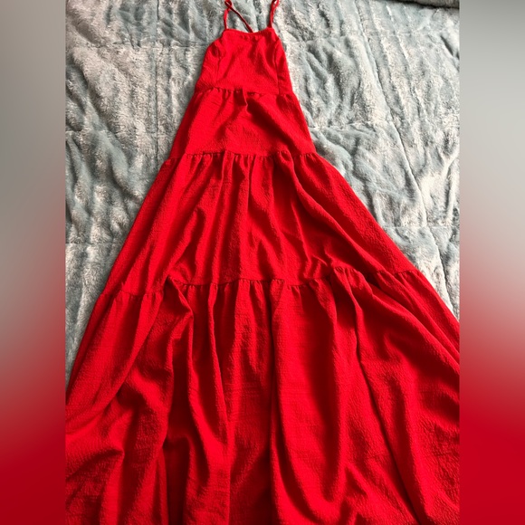 Red Lace Up Backless Ruffle Hem Dress - Picture 3 of 5